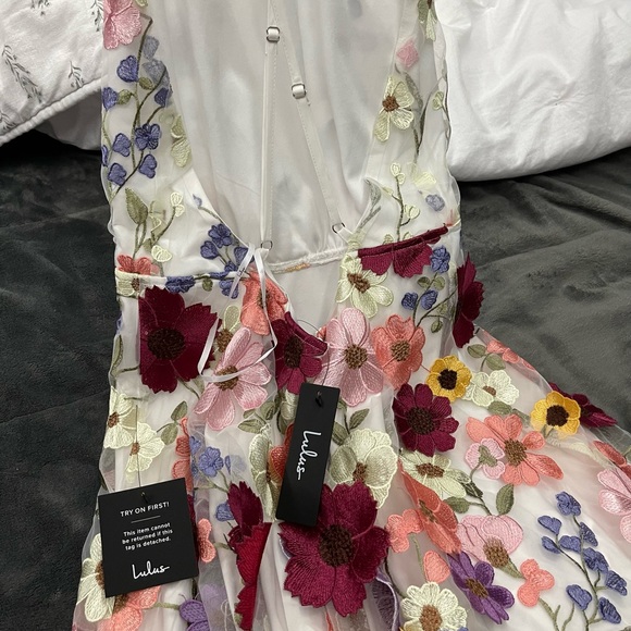 Blooming Bliss Ivory 3D Floral Embroidered Halter Mini Dress - Picture 2 of 4